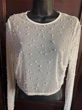 Windsor White Pearl & Crystal Mesh Long-Sleeve Top